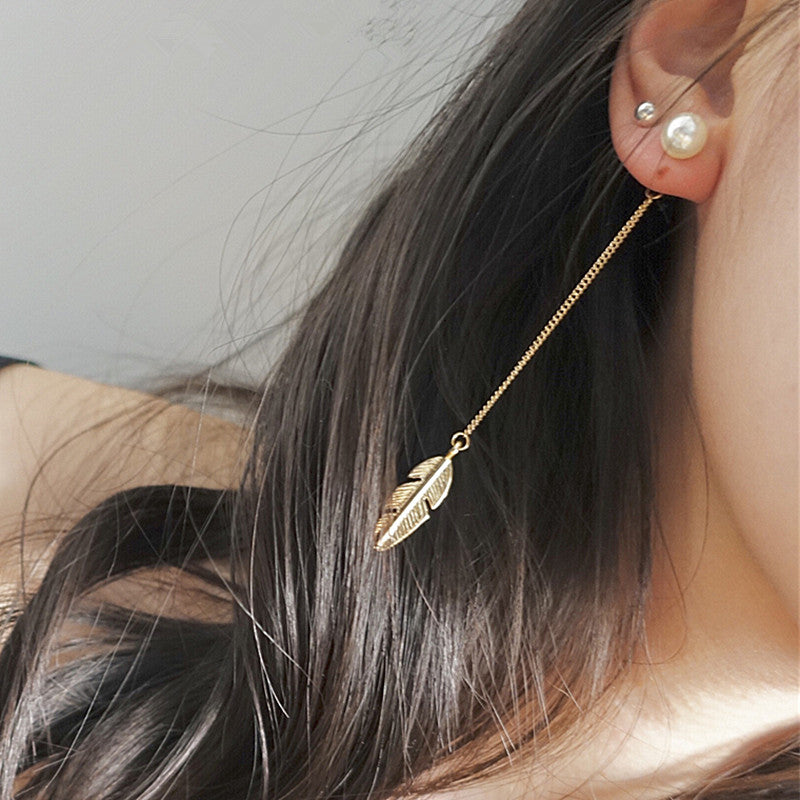 Pearl Studs & Dangling Feather-Leaf Earrings