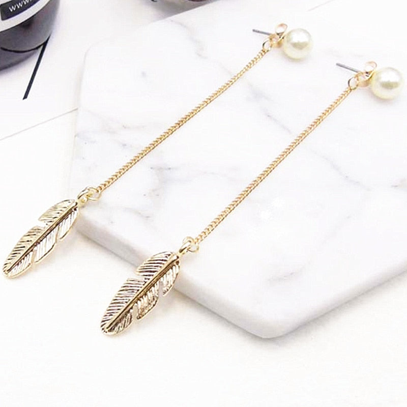 Pearl Studs & Dangling Feather-Leaf Earrings