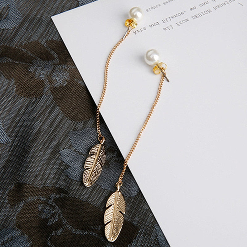 Pearl Studs & Dangling Feather-Leaf Earrings