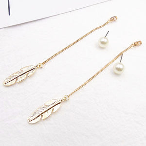 Pearl Studs & Dangling Feather-Leaf Earrings