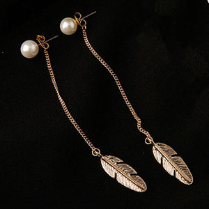 Pearl Studs & Dangling Feather-Leaf Earrings